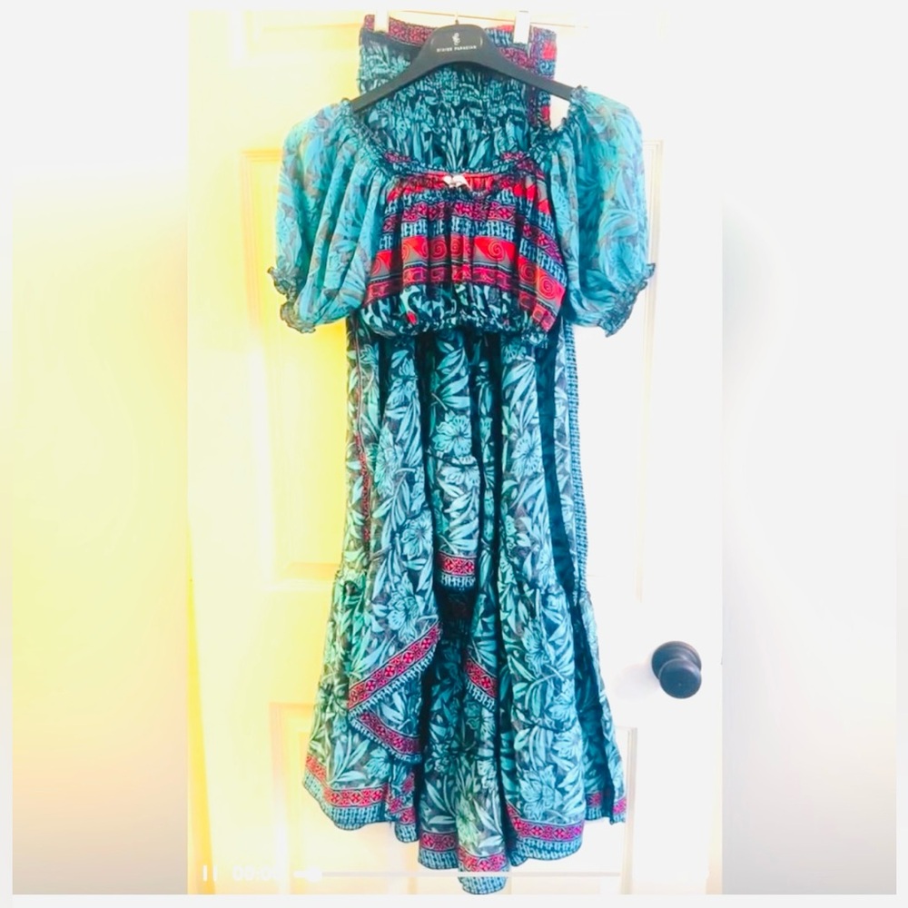 YOSOY Aqua Turquoise Red Vibrant Print Off shoulder Top High Low Flowing Skirt L